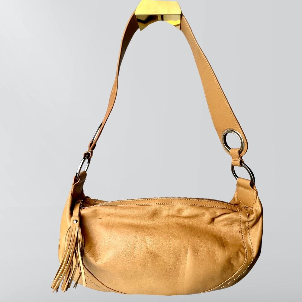 Vintage 90s Marshall Fields Tan Leather Fringe Detail Hobo Shoulder Bag Purse